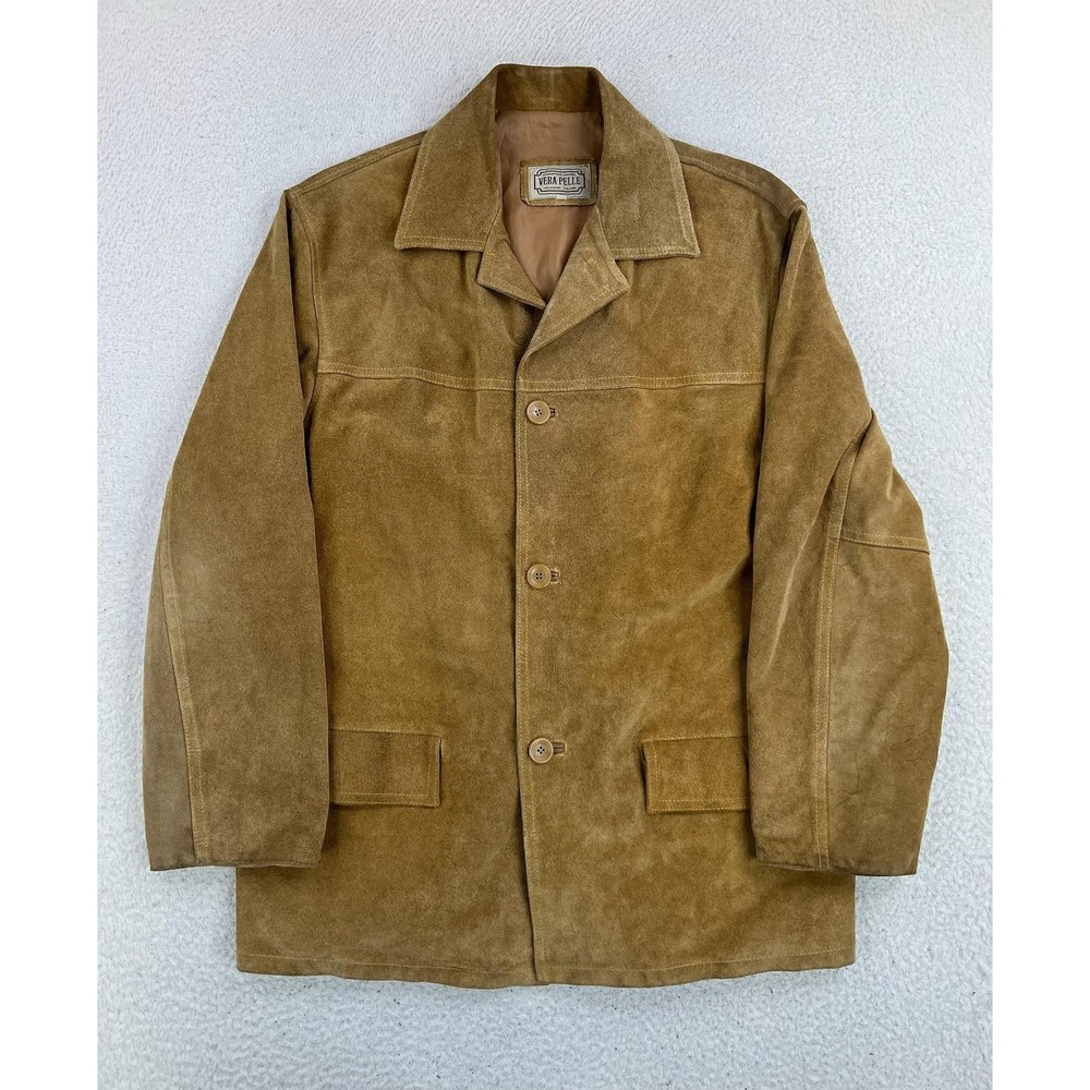 Vintage Vera Pelle Coat Mens 50 Brown Suede Overcoat Lined Italy Button Front